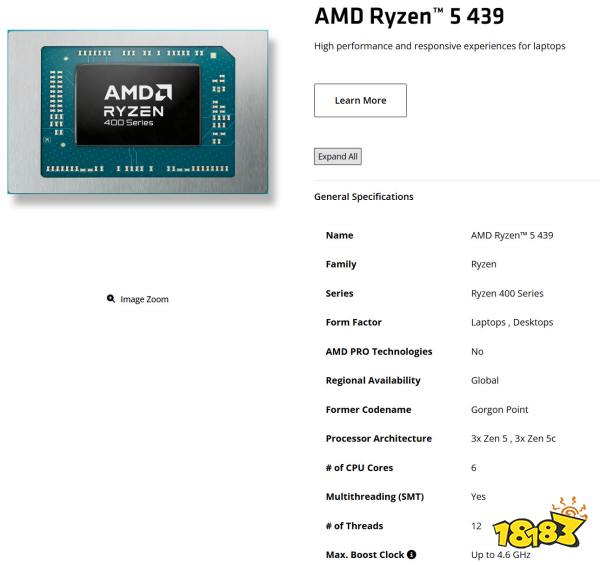 The image shows the AMD Ryzen 5 439 processor specification sheet, highlighting details such as 6 CPU cores, 12 threads, and a maximum boost clock of up to 4.6 GHz.