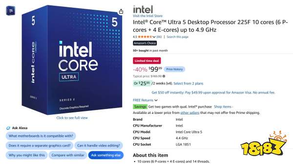 The image shows an Intel Core Ultra 5 Desktop Processor 225F with 10 cores and speeds up to 4.9 GHz, priced at $99.99 with a 40% discount, alongside the processor's packaging and detailed specifications.