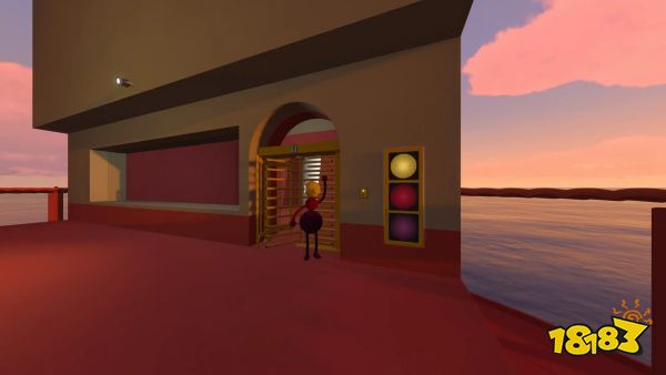 A character prepares to walk through a gate in Big Walk.