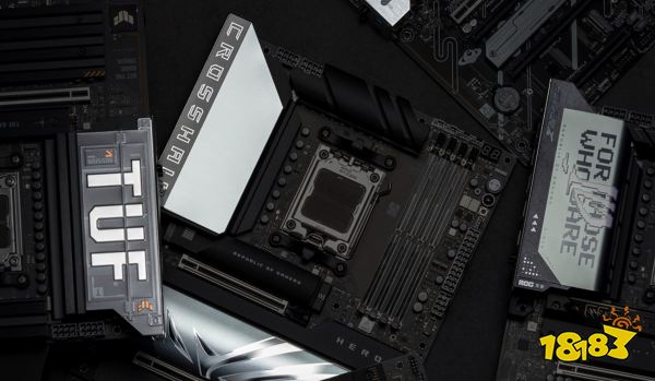 A collection of ASUS ROG Crosshair and TUF gaming motherboards featuring visible branding and intricate design details.
