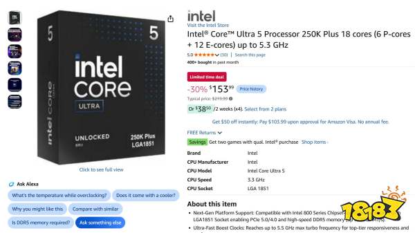 The image shows a product listing for the Intel Core Ultra 5 Processor 250K Plus featuring 18 cores, with a price of $153.99 after a 30% discount on Amazon.