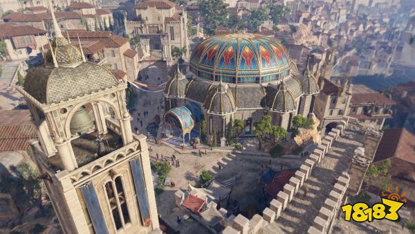 Image of a major city in Baldur’s Gate 3. A large domed building sits in the middle of the town which has a Florence Italy influence.