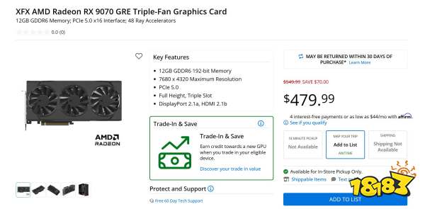 The XFX AMD Radeon RX 9070 GRE Triple-Fan Graphics Card is displayed with key features including '12GB GDDR6 Memory,' 'PCIe 5.0,' and a price of '$479.99,' showcasing a $70 discount from the original price.