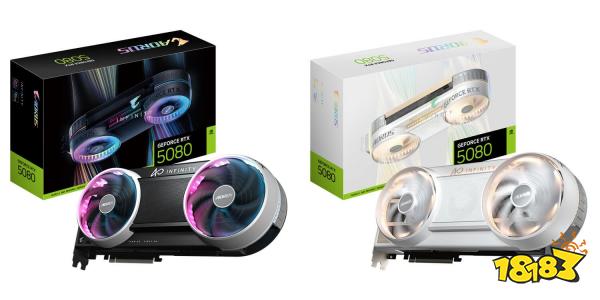 Two AORUS GeForce RTX 5080 graphics card boxes are displayed, each with its respective card featuring dual fans and 'AORUS' branding.