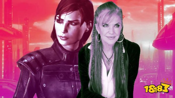 A composite image of Mass Effect's Commander Shepard and her voice actor Jennifer Hale