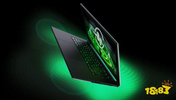 A sleek, unbranded gaming laptop with illuminated green keyboard and green graphics on the screen is shown against a black background with green light effects.