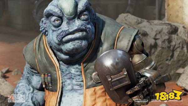 An alien character in Star Wars: Hunters with a welding helmet, wearing a vest, holding a tool, with the 'Star Wars: Zero Company' logo at the bottom left and logos for Bit Reactor, Lucasfilm Games, and Electronic Arts at the bottom.