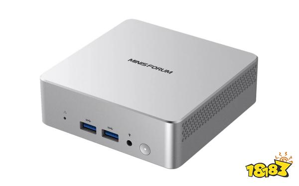 A silver Minisforum mini PC features two front USB ports, a headphone jack, and a power button.