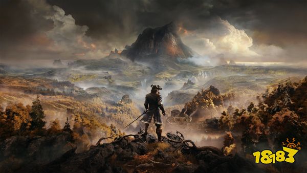 artwork from GreedFall of a man dressed in colonial-era garb, with a cutlass at his side, standing on a cliff with an autumnal vista and a mountain ahead of him