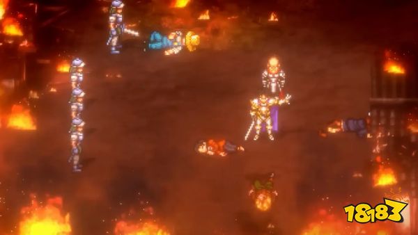 Luca Blight stands in front of corpses as the town burns in Suikoden 2