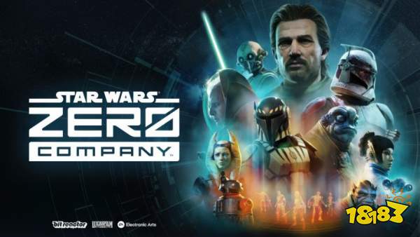 A promotional image for the game 'Star Wars: Zero Company' featuring various characters and icons from the Star Wars universe, including a Jedi with a lightsaber and a Mandalorian helmet, with logos from Bit Reactor, Lucasfilm Games, and Electronic Arts at the bottom.