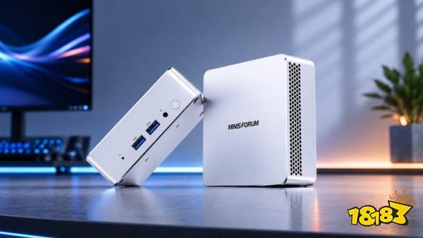 A Minisforum mini PC is displayed on a desk, highlighting its compact design and front ports, with a monitor in the background.
