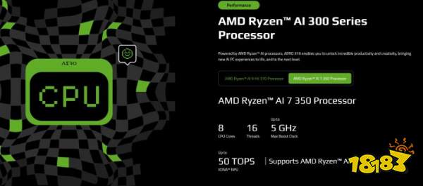 The image showcases specs for the AMD Ryzen AI 7 350 processor, featuring 8 CPU cores, 16 threads, a max boost clock of up to 5 GHz, and up to 50 TOPS, along with support for AMD Ryzen AI.