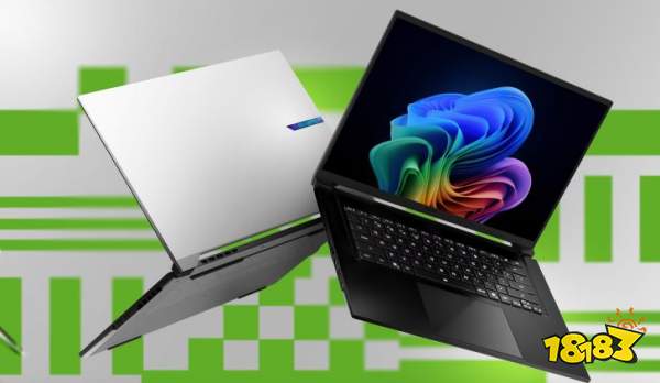 Two Gigabyte AERO laptops are displayed, one showing a vibrant screen with colorful patterns and the second showing the silver back lid with the 'GIGABYTE' logo.