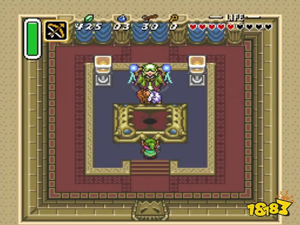 Link faces the wizard Agahnim in A Link to the Past