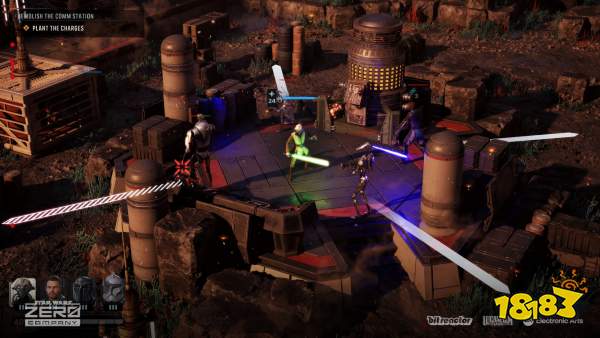 A gameplay scene from Star Wars: Jedi Survivor shows a character wielding a green lightsaber in combat against droids, with the objective 'Demolish the Comm Station' and 'Plant the Charges' displayed.