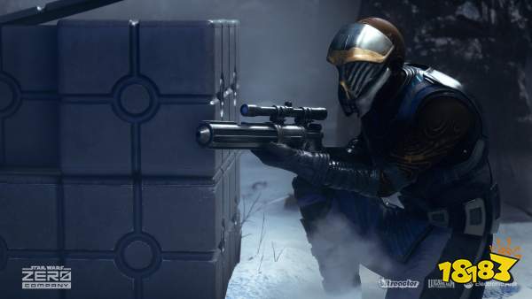 A character in 'Star Wars: Zero Company's kneeling in the snow and aiming a blaster rifle.