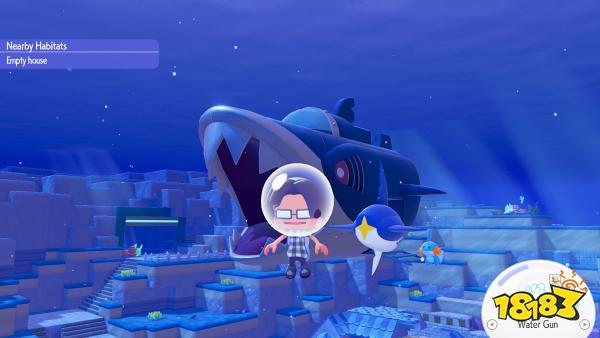 In 'Min-Aquarium,' a player character in a spacesuit floats underwater near a massive fish-like submarine, with a nearby menu option for 'Water Gun.'