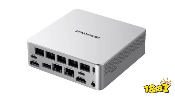A Minisforum device with multiple ports including HDMI, USB, and 2.5G LAN is shown from the back.