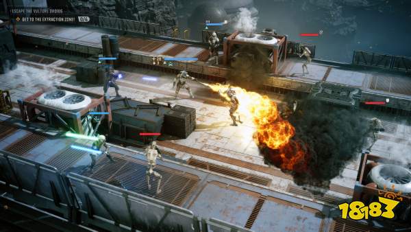 Characters in 'Star Wars Zero Company' engage in a battle on a platform, with two wielding lightsabers against droids, amidst on-screen objectives 'Escape the vulture droids' and 'Get to the extraction zone!'.