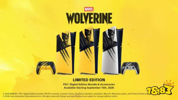 Three PS5 consoles with Wolverine-themed designs and matching controllers are labeled as a 'Limited Edition' available starting September 15th, 2026, on a yellow background.