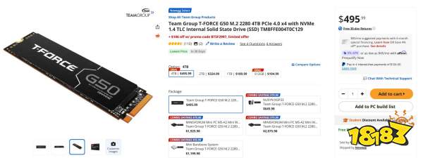 Team Group T-FORCE G50 M.2 2280 4TB PCIe 4.0 x4 with NVMe 1.4 TLC Internal Solid State Drive priced at $495.99 is shown on a Newegg product page with options for different storage capacities.