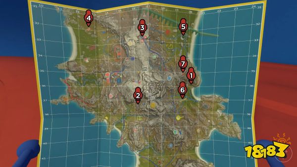 The locations of seven puzzles marked on a Big Walk map.