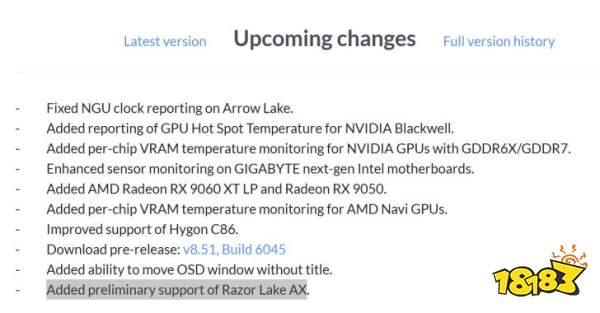 A list of 'Upcoming changes' includes added support for AMD Radeon RX 9060 XT LP and NVIDIA Blackwell GPU temperature reporting.