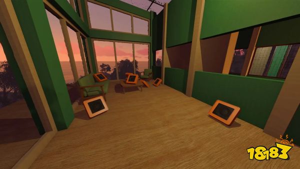 A room with green walls and orange speakers scattered around the room in Big Walk.