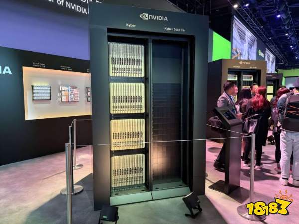 An NVIDIA Kyber Side Car display unit is showcased at an exhibition with people gathered around it.