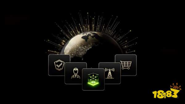 A digital illustration features a glowing Earth with light rays emanating from it, surrounded by five icon panels depicting a shield, doctor, neural network cube, wireless tower, and shopping cart.