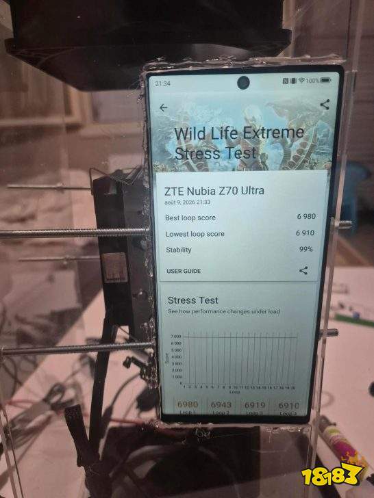 The ZTE Nubia Z70 Ultra displays results from the 'Wild Life Extreme Stress Test', showing a best loop score of 6980 and 99% stability.
