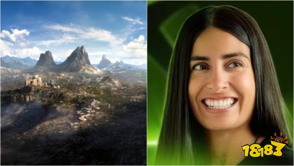 A landscape from The Elder Scrolls VI depicting a castle with towering mountains in the background alongside Xbox CEO Asha Sharma.