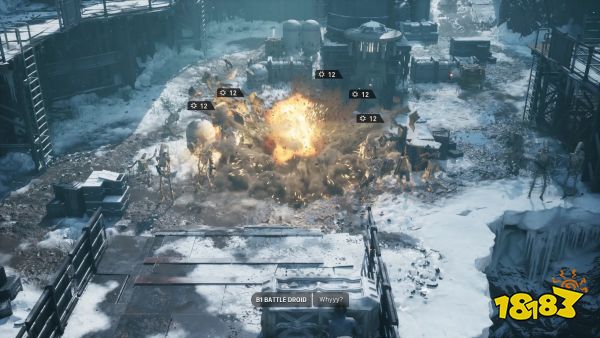 A group of droids being blown to pieces in Star Wars Zero Company, as one of them shouts "Whyyy"