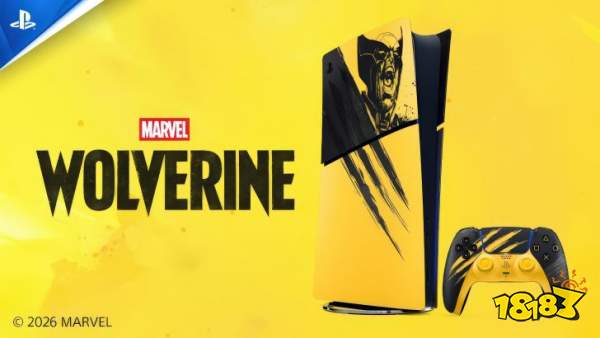 A yellow and black PlayStation 5 console and controller featuring Marvel's Wolverine theme with claw marks and an image of Wolverine's face.