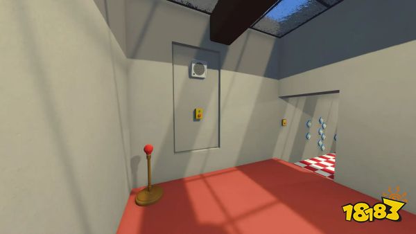 A wall with an intercom, a button, and a red light bulb in Big Walk.