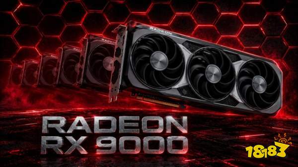 A lineup of AMD Radeon RX 9000 graphics cards with prominent branding and a hexagonal background pattern.