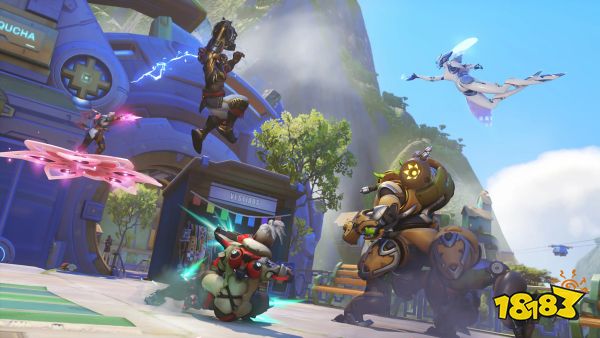 Doomfist, Echo, Lifeweaver, Sojourn, and Orisa battle near a kiosk on the Runapasi map in Overwatch 2
