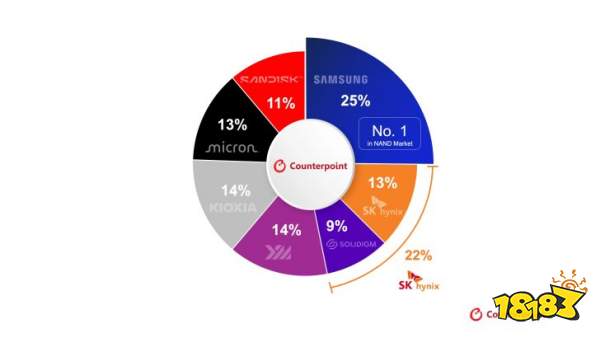 A pie chart from Counterpoint shows Samsung leading the NAND market with a 25% share, followed by Kioxia and WDC at 14% each, Micron and SK hynix at 13%, Solidigm at 9%, and SanDisk at 11%.