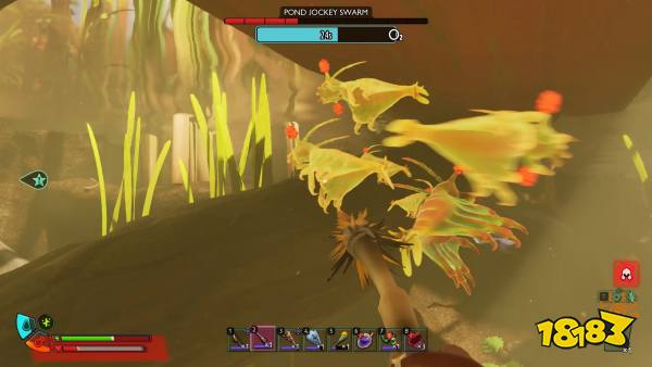 Willow attacking a pond jockey swarm in Grounded 2