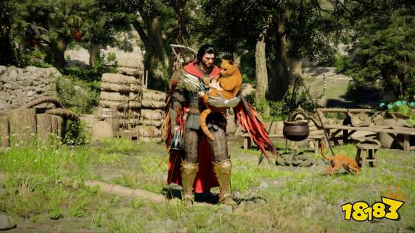 A character in Crimson Desert standing in a lush garden holding a cat, with medieval elements like barrels and a cooking pot in the background.