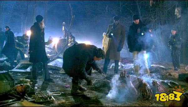 Walter Bishop (John Noble) examines a porcupine-like monster in a field strewn with plane wreckage in the Fringe episode 