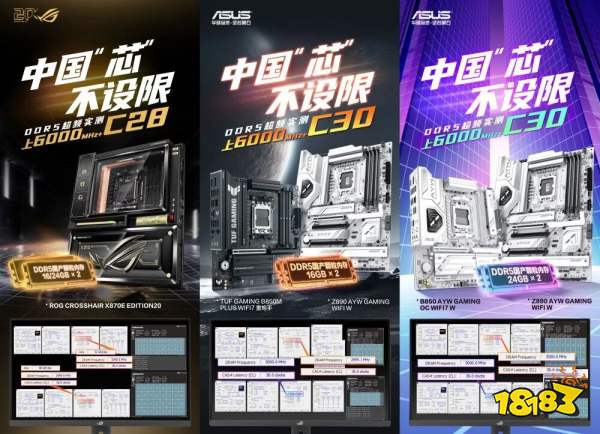 Three ASUS motherboards, ROG CROSSHAIR X870E EDITION20, TUF GAMING B850M PLUS WIFI7, and B850/Z890 AYW GAMING, are showcased with DDR5 RAM capabilities of