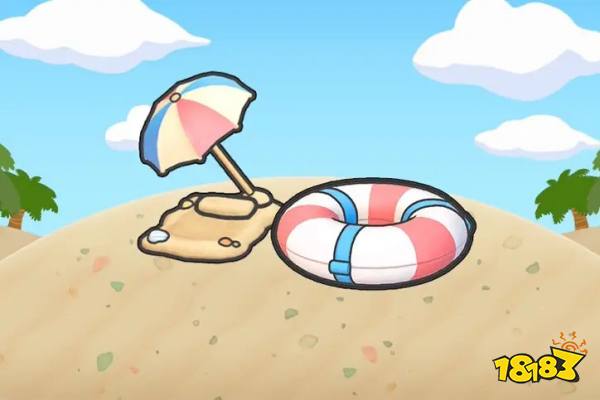 A Pokopia habitat with a sand bed, umbrella, and swim ring