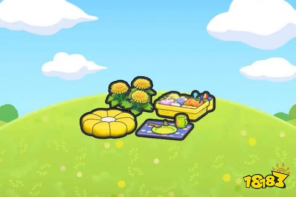 A picnic set with dandelions, a cushion, a lunch box, and a meal set in Pokopia.