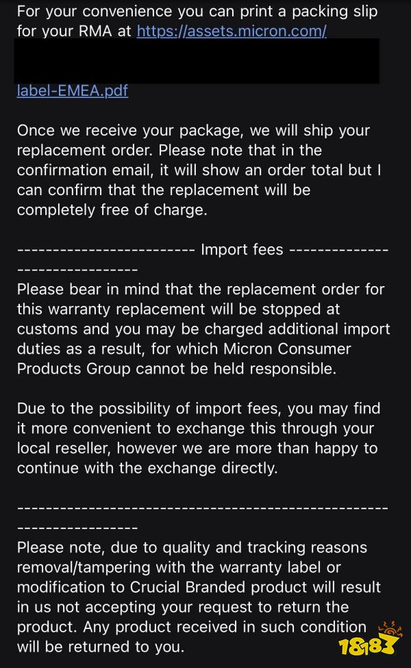 A screenshot of an email from Micron detailing instructions for printing an RMA packing slip, informing that replacement items are free of charge, and cautioning about potential import fees and tampering with warranty labels.