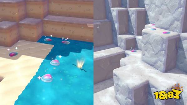 A montage with two Pokémon Pokopia screenshot showing different locations where you can find prism scales