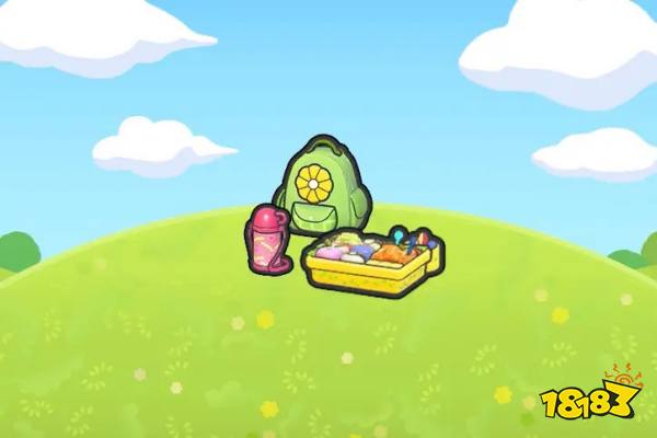 A flower backpack, water bottle, and lunchbox in Pokopia.
