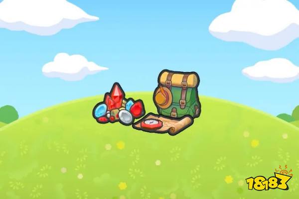 Some adventuring goods, including a backpack, treasure map, and treasure in Pokopia.