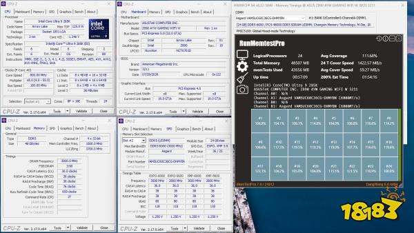A CPU-Z and MemTestPro screenshot displays an Intel Core Ultra 9 285K CPU running on an ASUSTeK Z890 AYW Gaming WIFI motherboard with 48GB DDR5 RAM from Asgard, detailing specifications, memory timings, and a MemTestPro result with